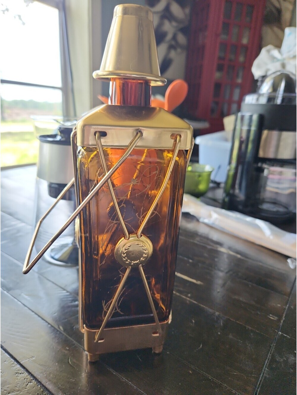 Vintage Swiss Harmony Music Box Wind Up Amber Liquor Decanter Bar Decor MCM